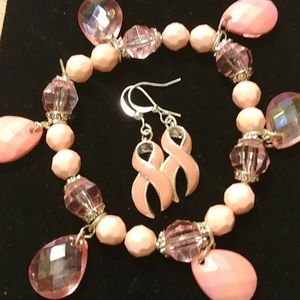 Pink ribbon earrings, pink bracelet
